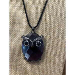 Owl Pendant Necklace Glass with Rhinestones on Black Cord 16”-18"  Handmade